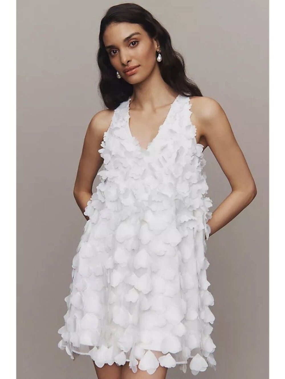 BHLDN Anthropologie White 3D Floral Applique Swing Mini Dress Size S Estimated